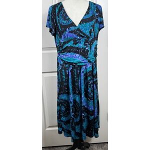 Perceptions New York Size 16 Midi Dress Teal Blue Purple Print‎ V Neck Swing